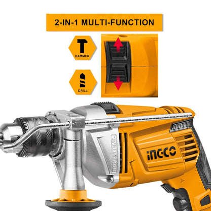 INGCO Impact Drill, 1100W,2800rpm,13mm Hammer Drill Machine, Aluminum Gear Box, Variable Speed Corded Drill Machine, Froward/Reverse Switch Electric Drill with Depth Gauge for Home Construction Concrete