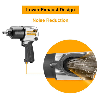 Ingco Air Impact Wrench, 7000 Rpm | 610Nm | 2 Hammer Mechanism, Pneumatic Impact Wrench Tool Kit With 3 Pcs Socket, 5 Type Connector - Box End