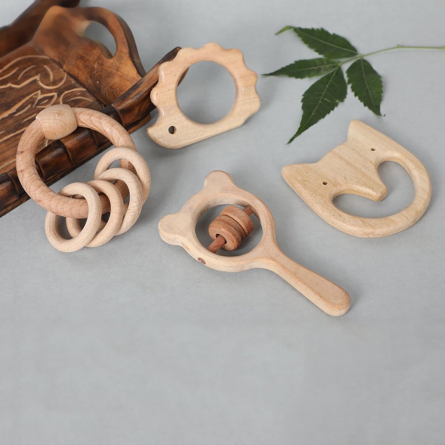 UdrCrafts® Babbles Neem Wood Teethers for Babies | Wooden Teethers for 6 to 12 Months Baby | Natural and Antibacterial (Cat+Hedgehog+Micky Head+Ring)