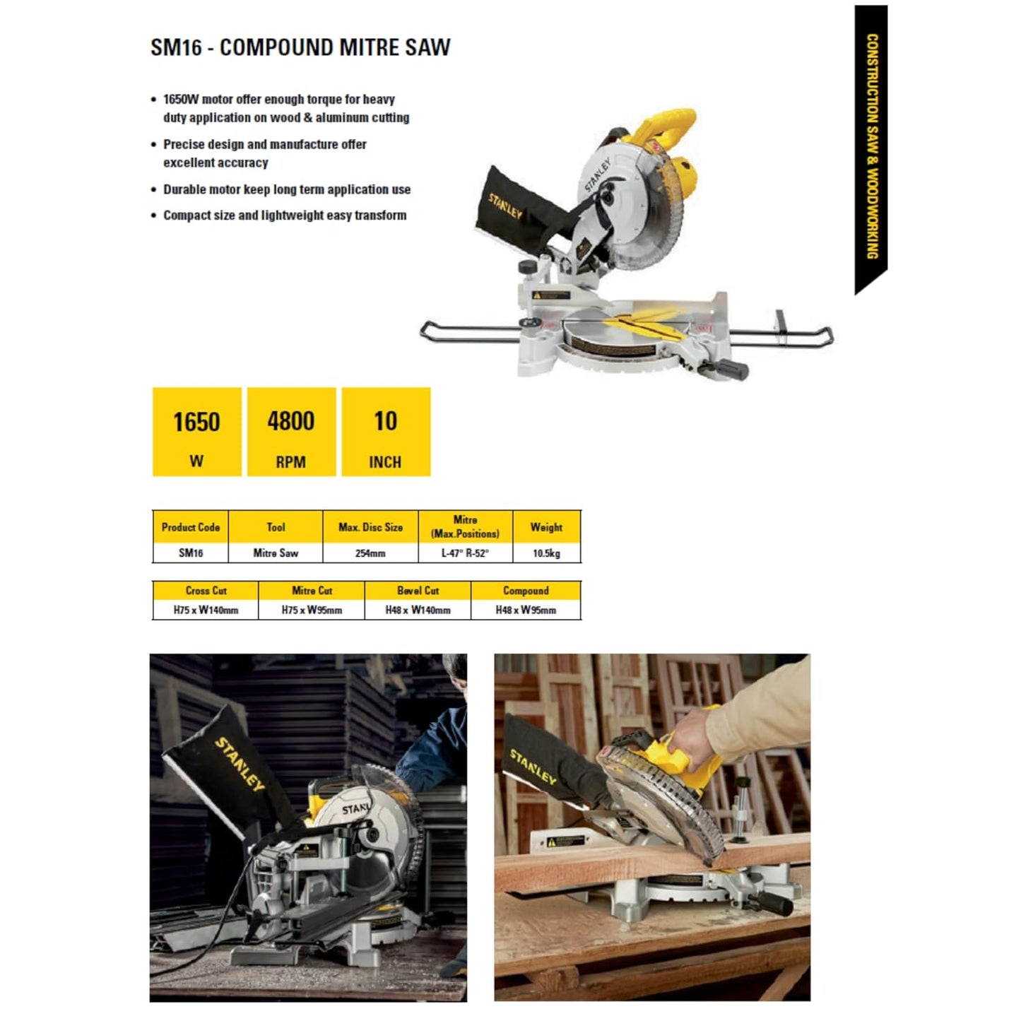 STANLEY SM16-IN 1650W 10" Compound Mitre Saw, 4800 RPM, Compact Size and Lightweight 254mm Blade Diameter+ 1 Year Warranty, (Yellow and Black)