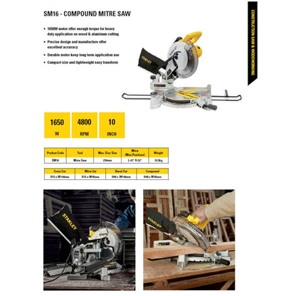 STANLEY SM16-IN 1650W 10" Compound Mitre Saw, 4800 RPM, Compact Size and Lightweight 254mm Blade Diameter+ 1 Year Warranty, (Yellow and Black)