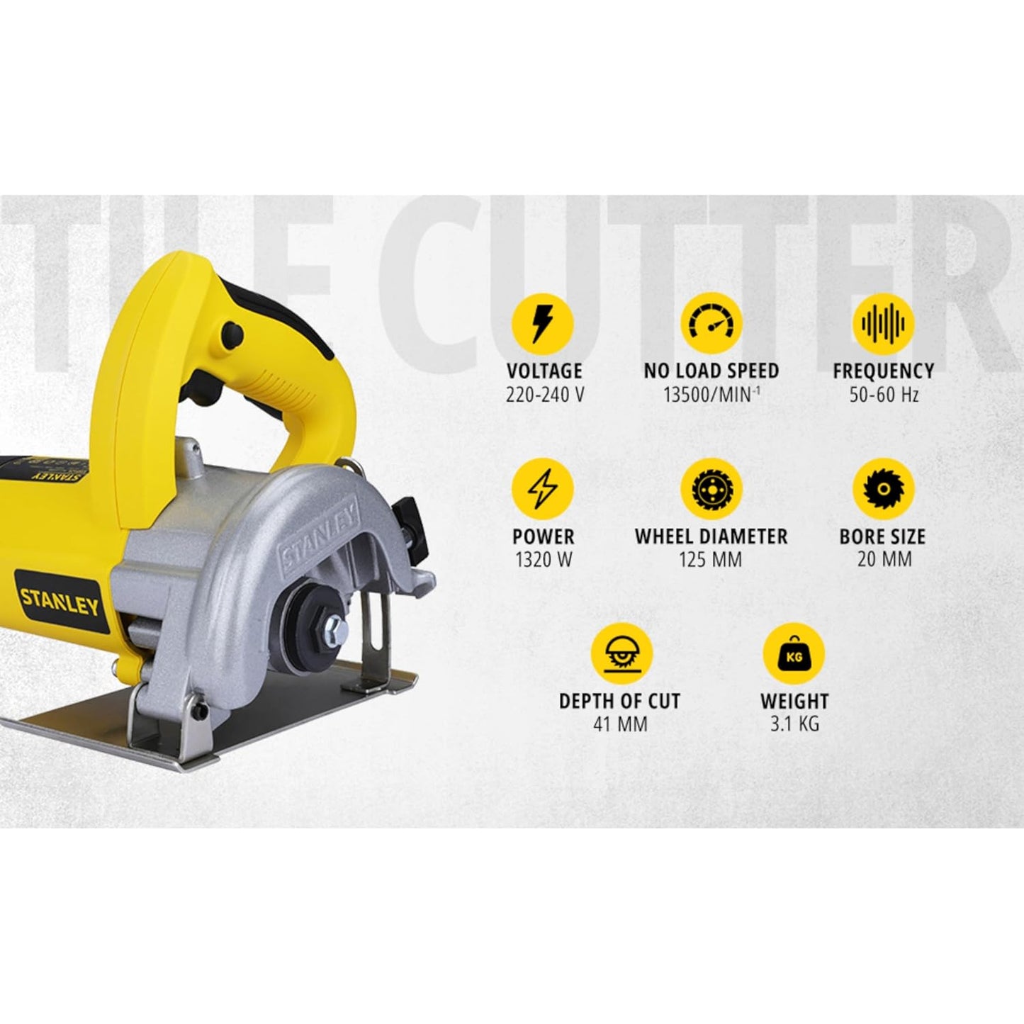 STANLEY STSP125-IN Tile Cutter Machine for Cutting Varied Ranges of Tiles, 1320 Watt 5''/125mm, Optimized 13500 RPM for High Cutting Efficiency, 1 Year Warranty (Yellow & Black)