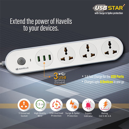 Havells USB Star - 3+1 Extension Board| 1.5Mtr Copper ISI Certified Wire | Surge and Spike Protection | 3 Universal Sockets and 3 USB Ports, 3.1 Amp| 6A, 240 V AC | LED Indicator | Home & Office Use