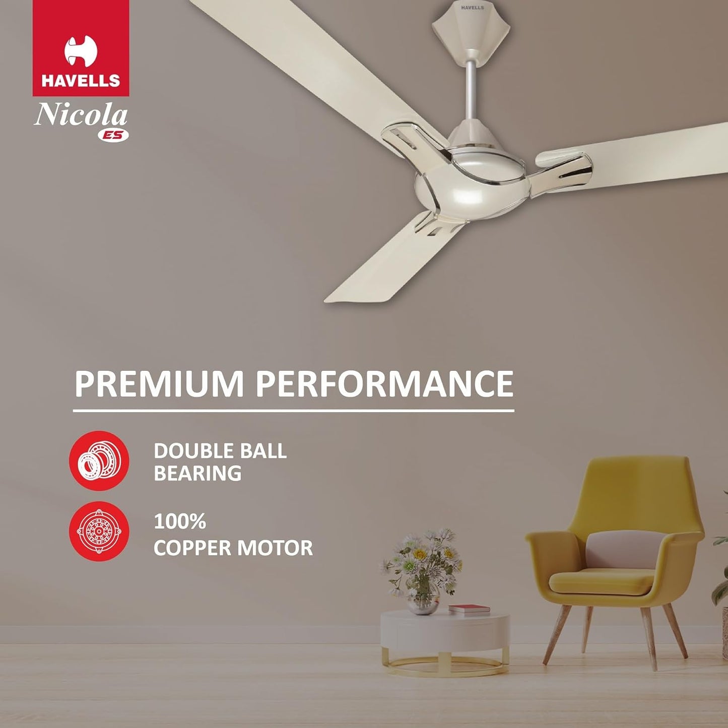 Havells 1200mm Nicola Energy Saving Ceiling Fan (Pearl White Silver, Pack of 1) 2 Star