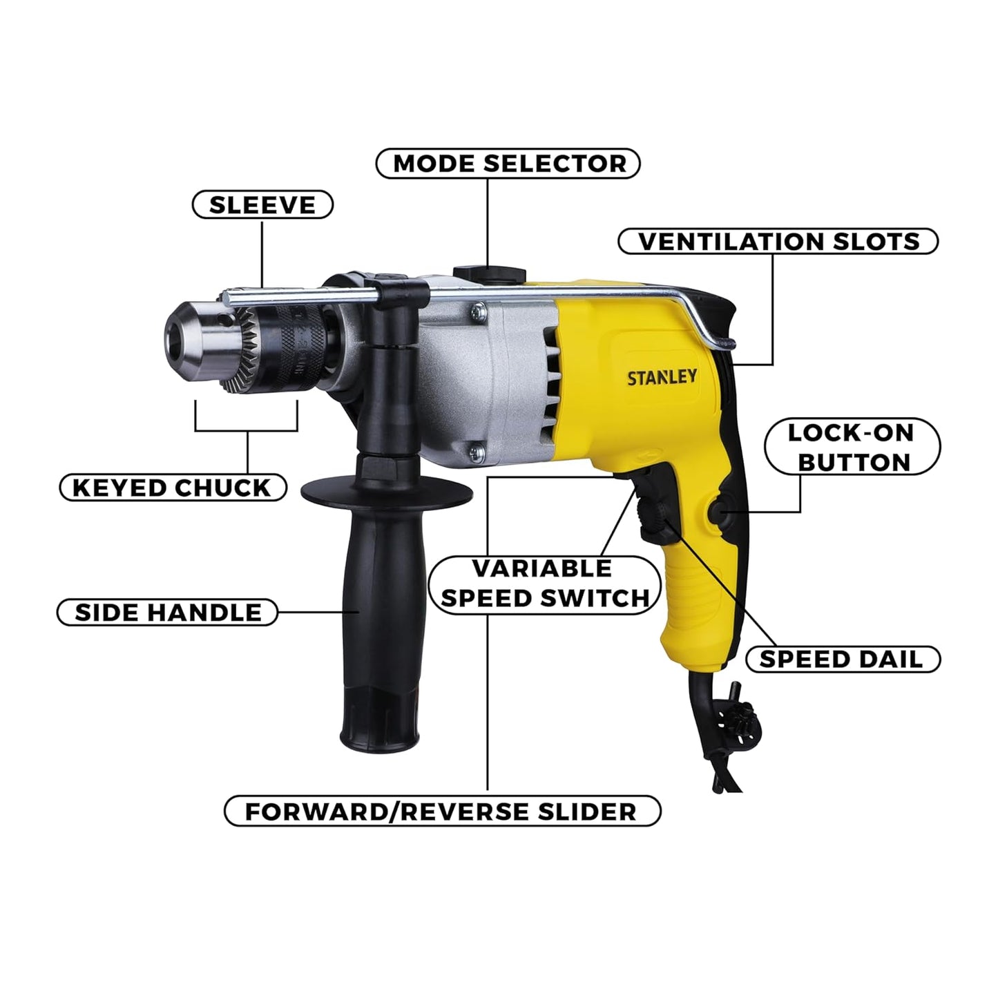 STANLEY STDH8013 800W 13mm Reversible Percussion Drill (Yellow and Black)