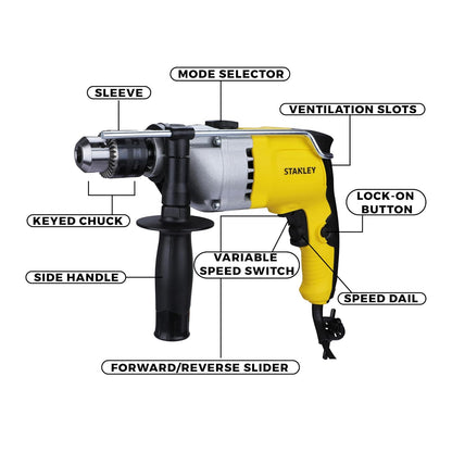 STANLEY STDH8013 800W 13mm Reversible Percussion Drill (Yellow and Black)