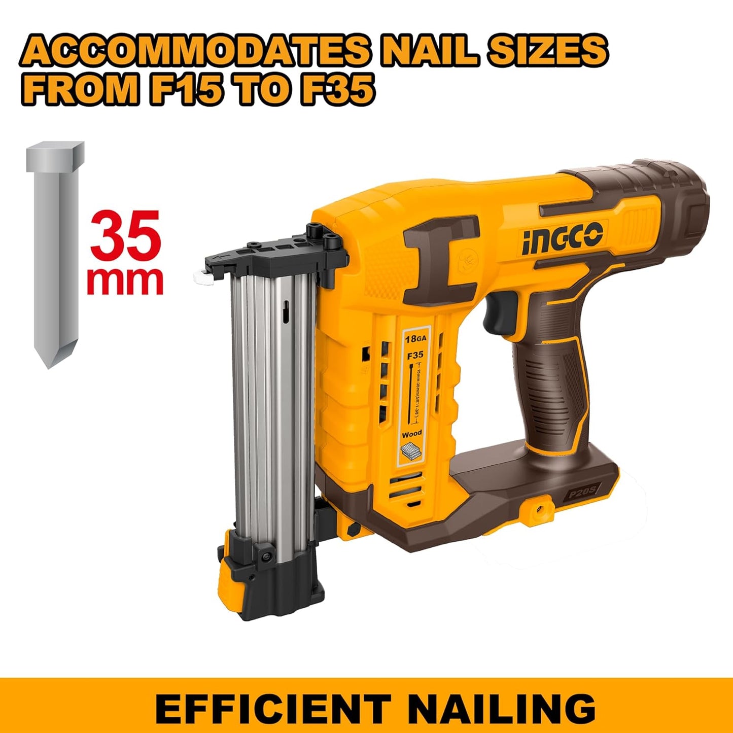 INGCO 20V Cordless Brad Nailer, 3 Nails/s, Electric Nailer Gun, 1000 PCS Brad Nails, With 1Pcs 2.0Ah Battery And Charger, Packed by Carrying Case