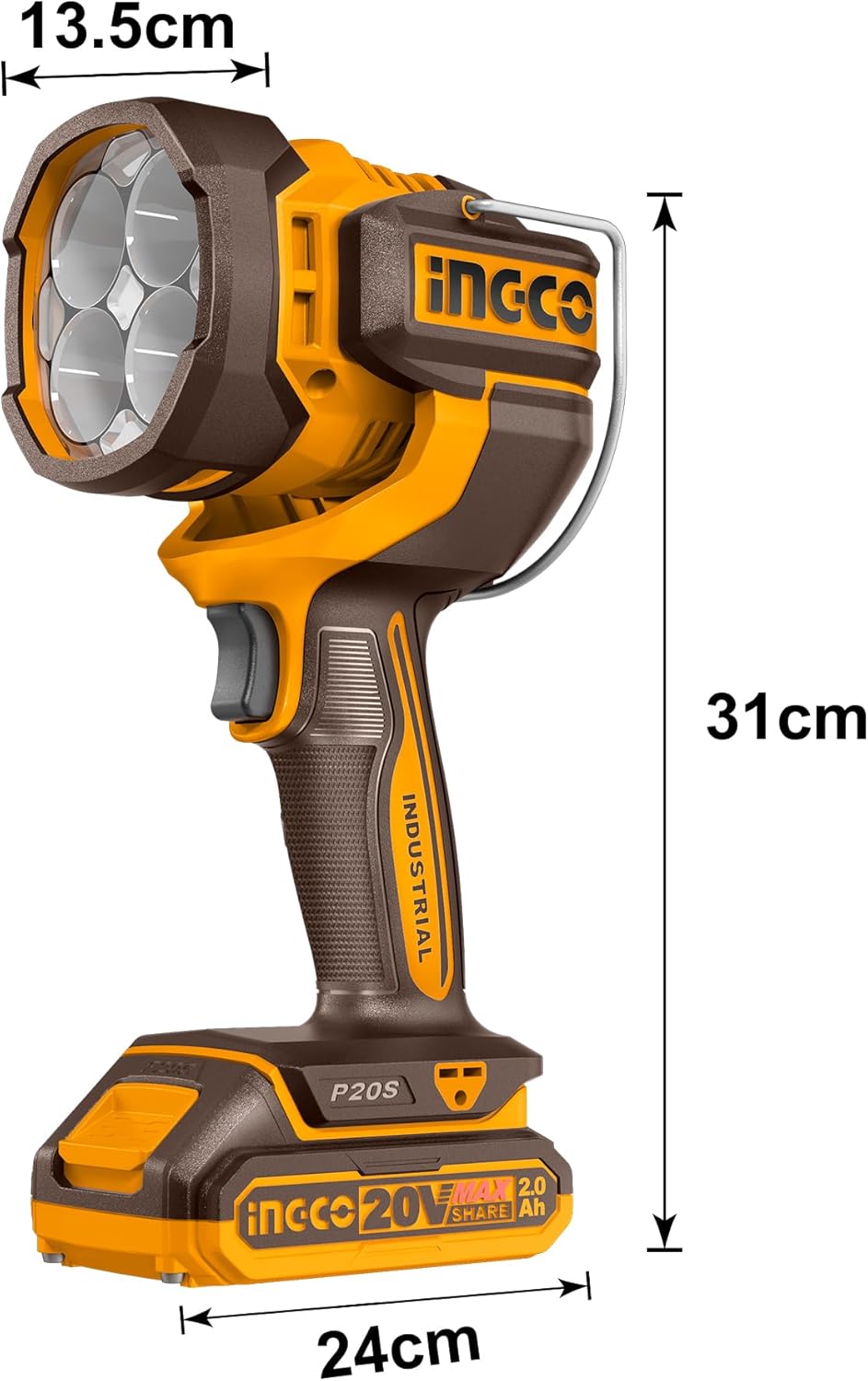 Ingco 20V Lithium-Ion Cordless Torch 2000 Lumens, 3 Mode Settings, Adjustable Head, Hands-Free Design Handheld Work Lamp with 1Pcs 2.0Ah Battery and Charger CWLI20881