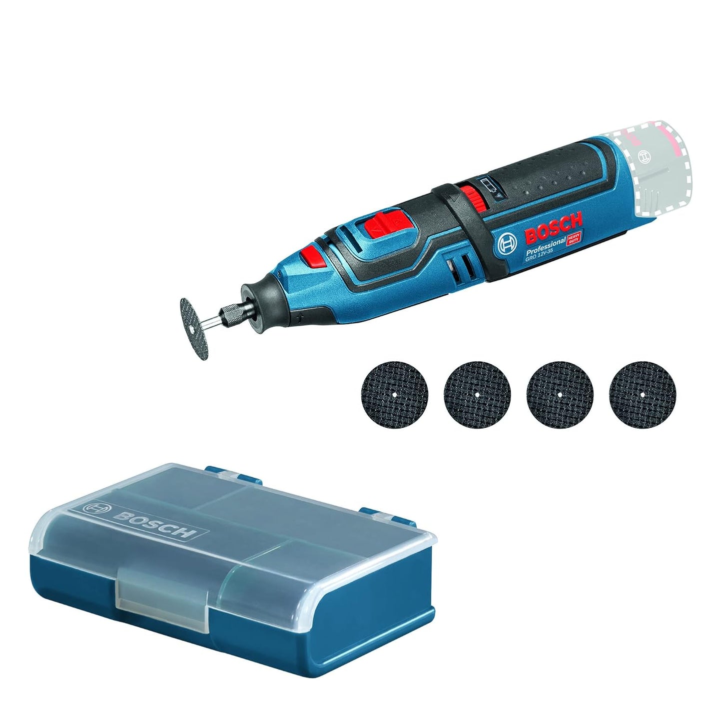 Bosch GRO 12V-35 Heavy Duty Cordless Rotary Tool, 35,000 rpm, LED Light + 5 Cutting Discs, Arbour, Housing Adaptor, Key, Collet, 1 Year Warranty (Solo Tool- 12V Batteries & Charger sold separately)