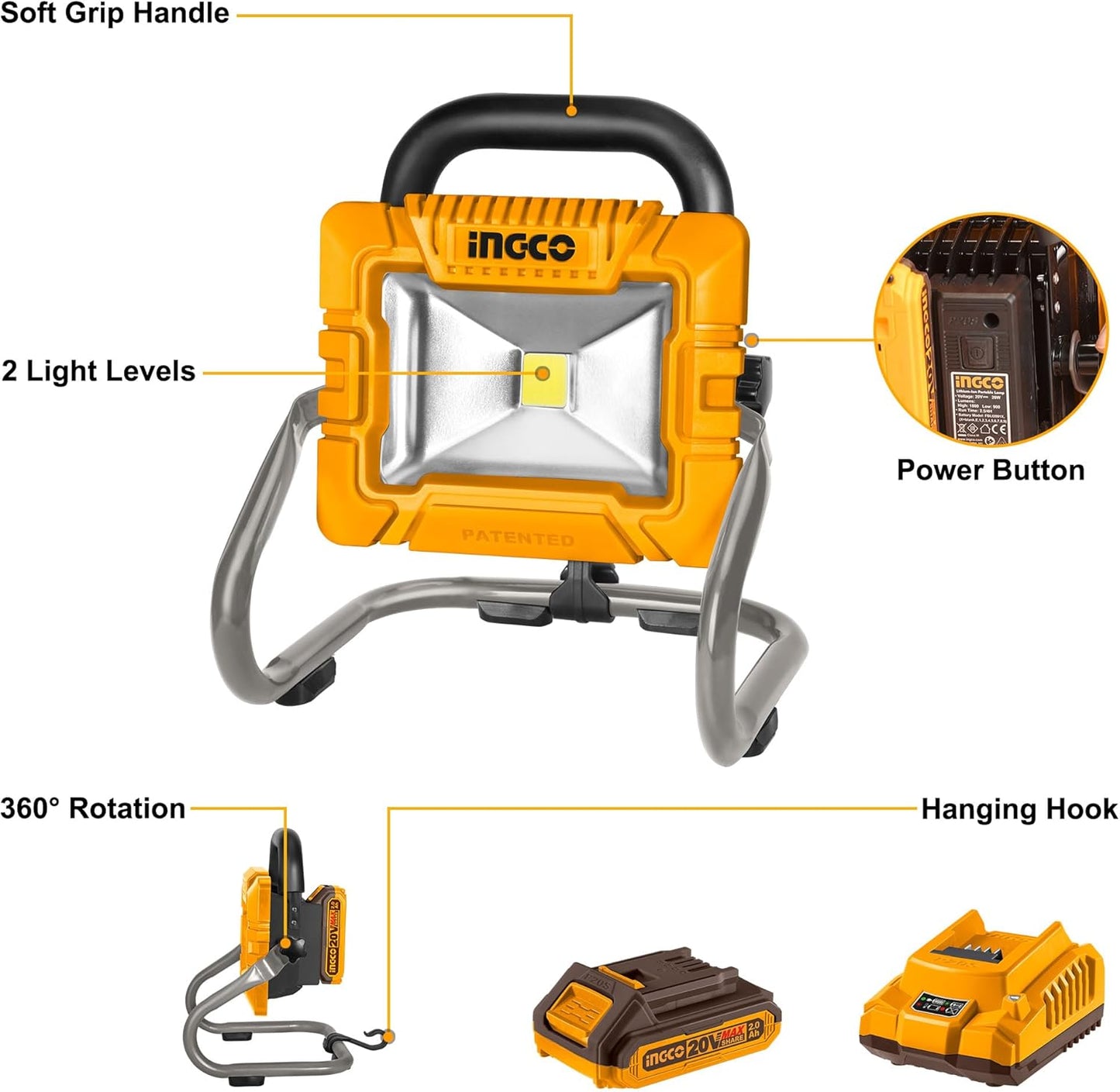 INGCO 20V Lithium-ion LED Work Light 20W Portable Jobsite Light 1800Lm Max, Construction site Floodlight 2 Settings 360° Adjustable with Battery and Charger for Auto-Repair, Camping CWLI20258