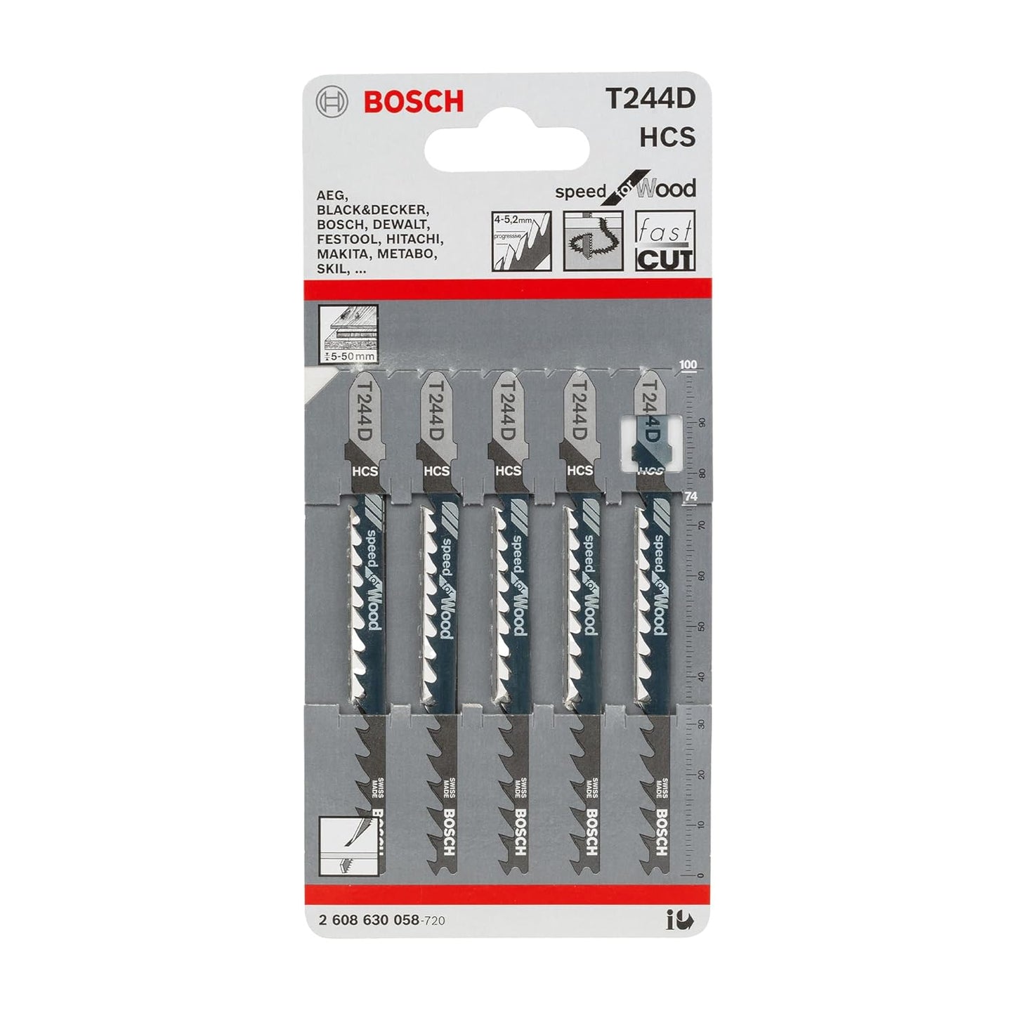 Bosch T244D Jigsaw Blades 5pcs Wood Metal, Multicolor