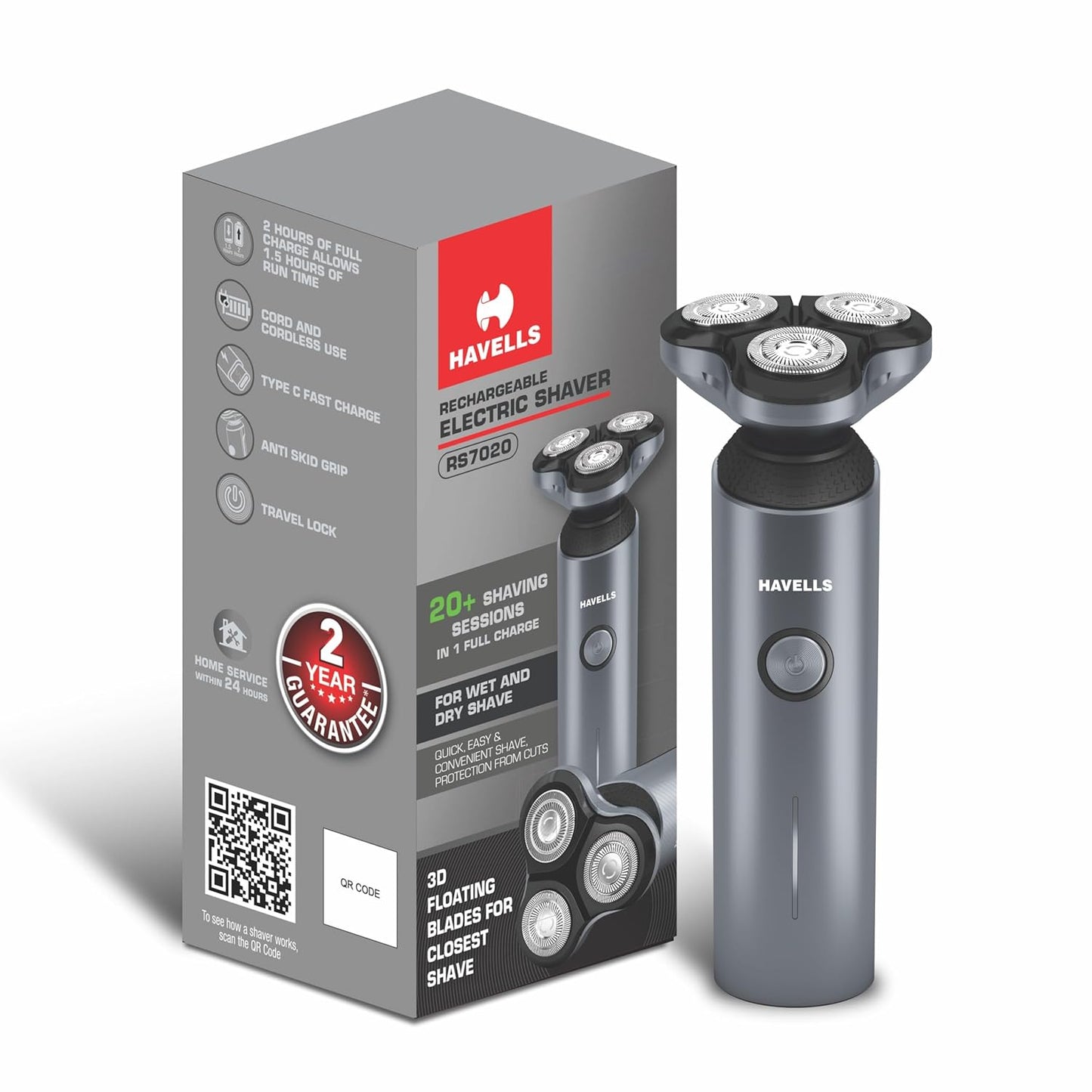Havells RS7020 3 Head Rotary Shaver with Built in pop-up Trimmer for Wet & Dry Shave; IPX7 Waterproof; Protection from cuts (Grey)