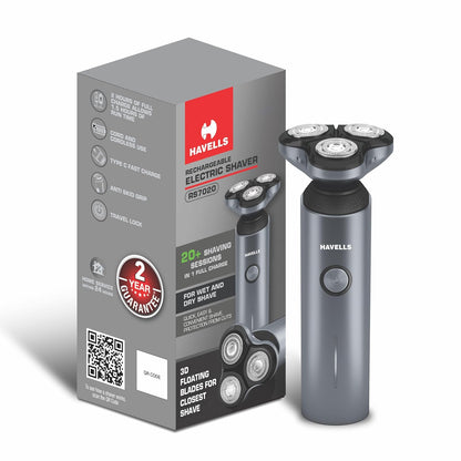 Havells RS7020 3 Head Rotary Shaver with Built in pop-up Trimmer for Wet & Dry Shave; IPX7 Waterproof; Protection from cuts (Grey)