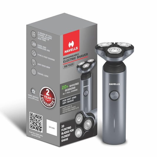 Havells RS7020 3 Head Rotary Shaver with Built in pop-up Trimmer for Wet & Dry Shave; IPX7 Waterproof; Protection from cuts (Grey)