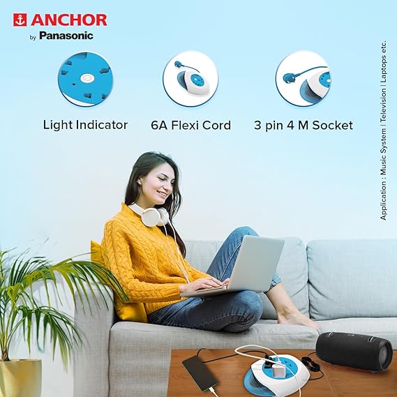 ANCHOR By Panasonic 6A Flexi Cord 3 Pin 4 Mtr Universal Socket With Indicator (Blue & White), Round, 240 Volts