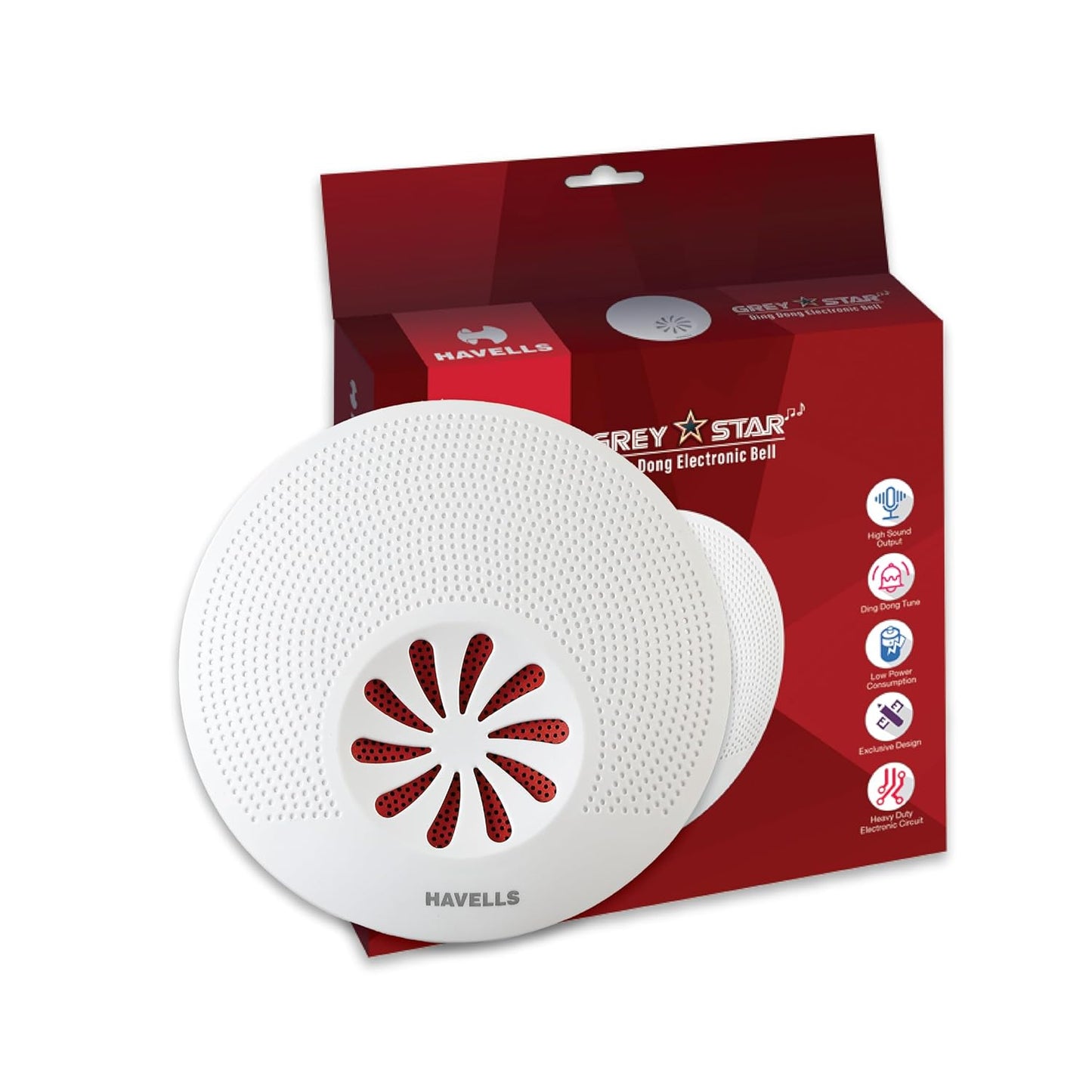 Havells Red Star White Ding Dong Electronic Doorbell with Low Consumption, Heavy Duty Circuit and Powerful Sound Output, Aesthetic Environmental Appeal, Exclusively Designed for Home and Office