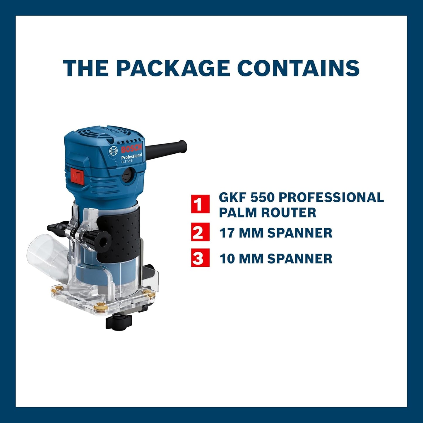 Bosch GKF 550 Electric Hand / Palm Router, 550W, 33,000 rpm, 6 (1/4") mm Bit, Variable Speed, Soft Grip,1.4kg + Parallel, Roller & Template Guide, 17 mm & 10 mm Spanner, Straight Bit, 1 Year Warranty
