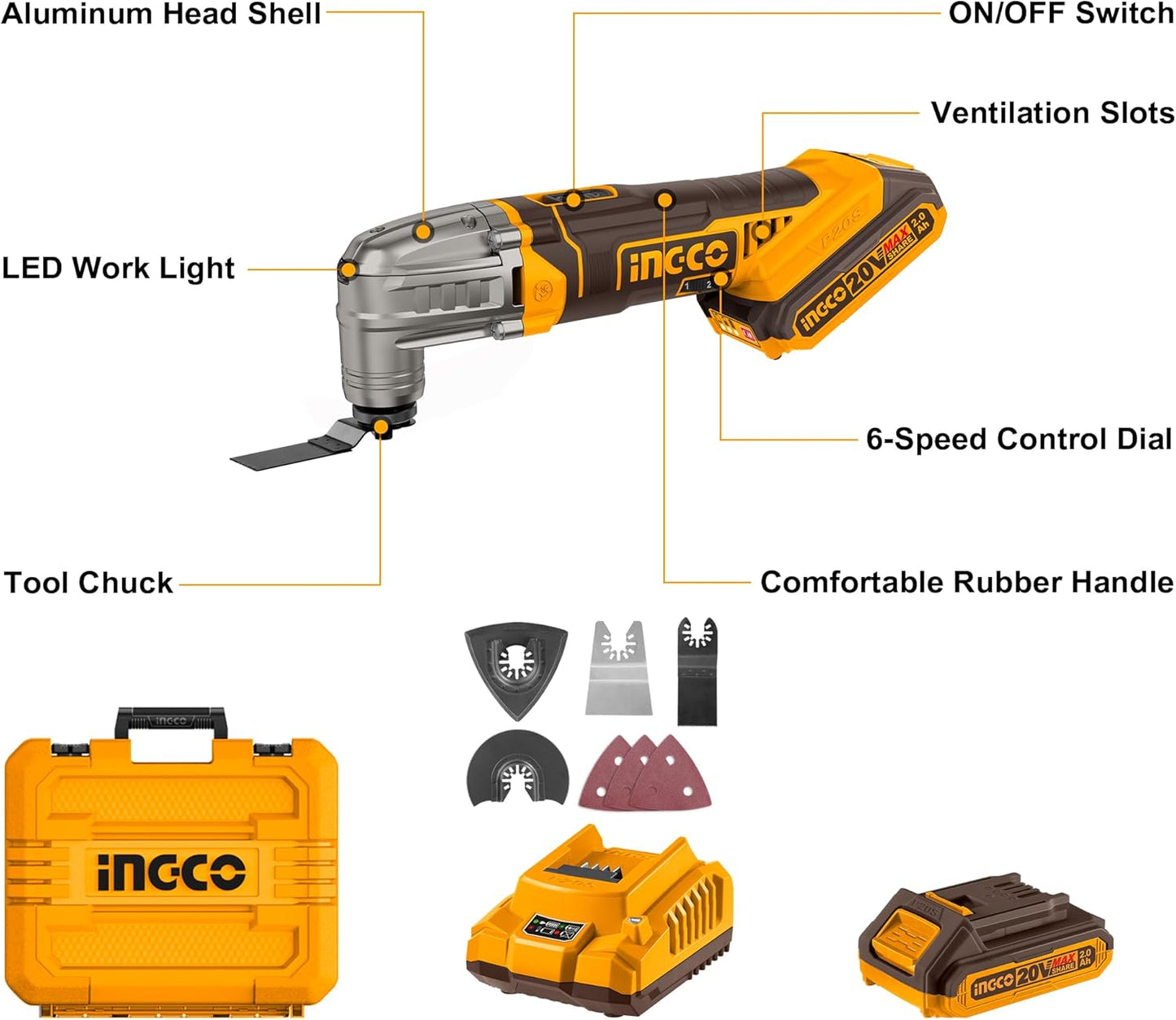 INGCO Cordless Multi Tool with 1pcs 2.0Ah Battery and Charger, 5000-20000 RPM, 6 Variable Speed,3.2° Oscillation Angle, 20V Oscillating Multi-Tool for Sawing, Cutting, Sanding CMLI20228