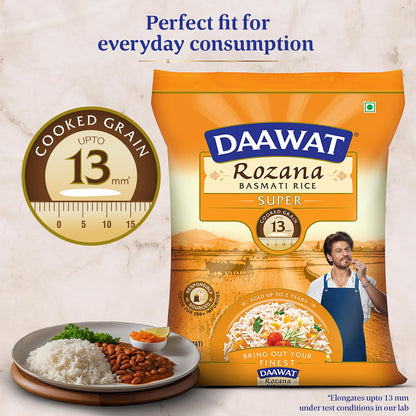 Daawat Rozana Super Basmati Rice 5Kg| For Everyday Consumption| Cooked Grain Upto 13mm*| Naturally Aged