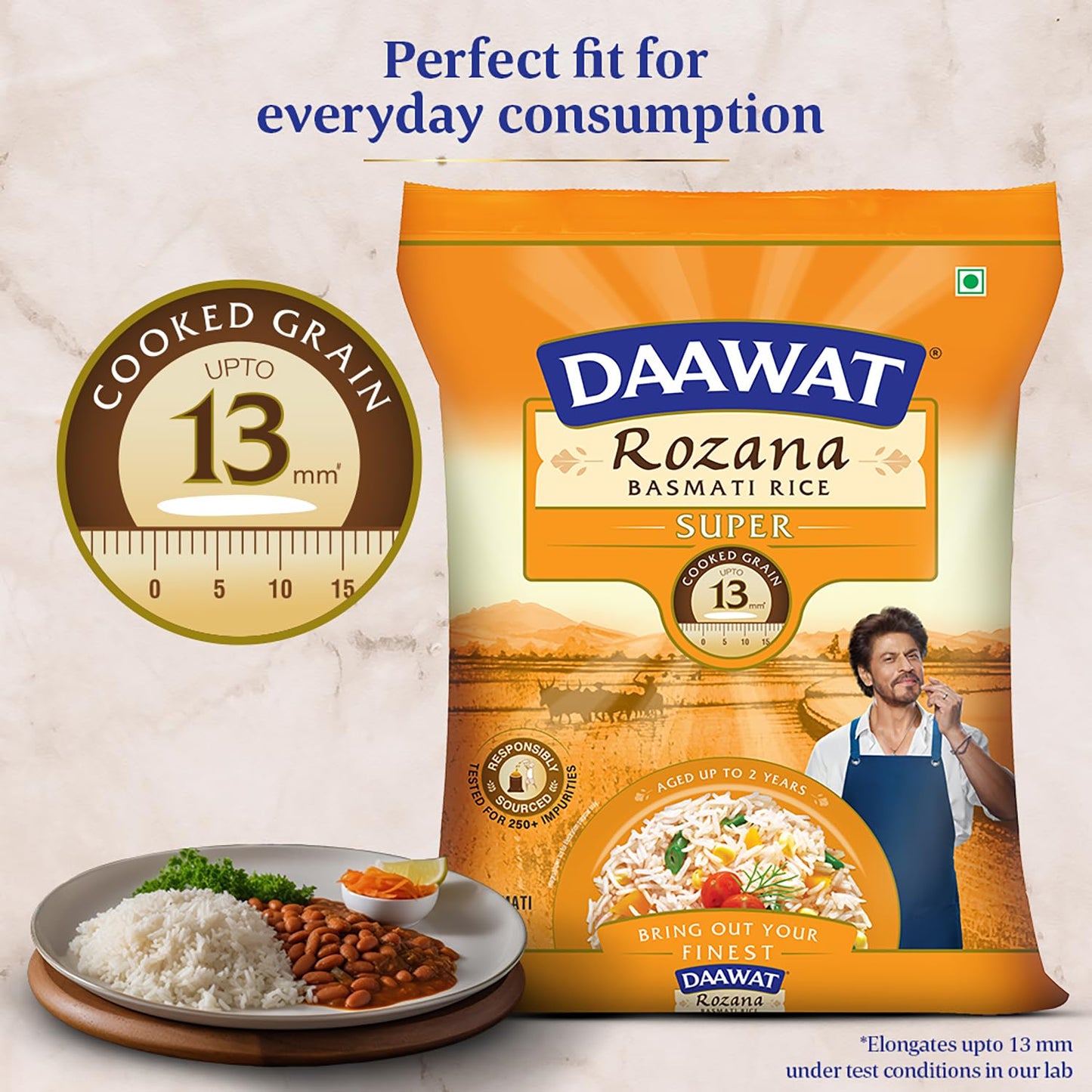 Daawat Rozana Super Basmati Rice 5Kg| For Everyday Consumption| Cooked Grain Upto 13mm*| Naturally Aged