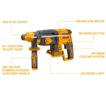 INGCO Cordless Rotary Hammer, Brushless Motor, 2.5J, Max.drilling capacity: Concrete: 26mm, SDS plus Chuck System CRHLI2026