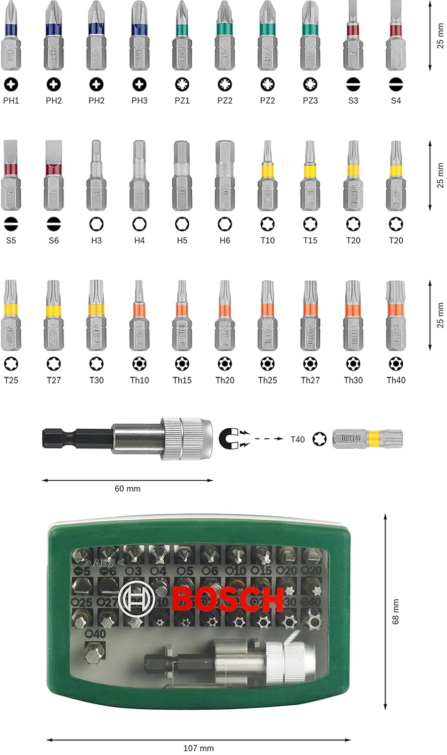 Bosch Metal Screwdriver Bits Kit | For All Power Tool Brands | Quick Change | Includes PH, PZ, S, HEX, Torx & Tamper-Proof Bits | All-in-One Bit Set for Daily Tasks | Compact & Handy Storage Case