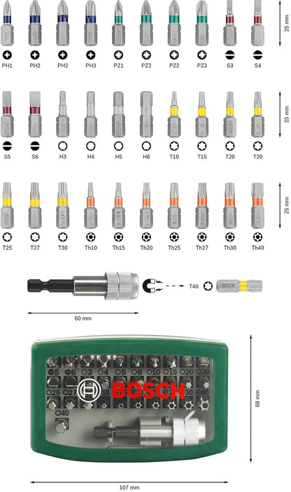 Bosch Metal Screwdriver Bits Kit | For All Power Tool Brands | Quick Change | Includes PH, PZ, S, HEX, Torx & Tamper-Proof Bits | All-in-One Bit Set for Daily Tasks | Compact & Handy Storage Case