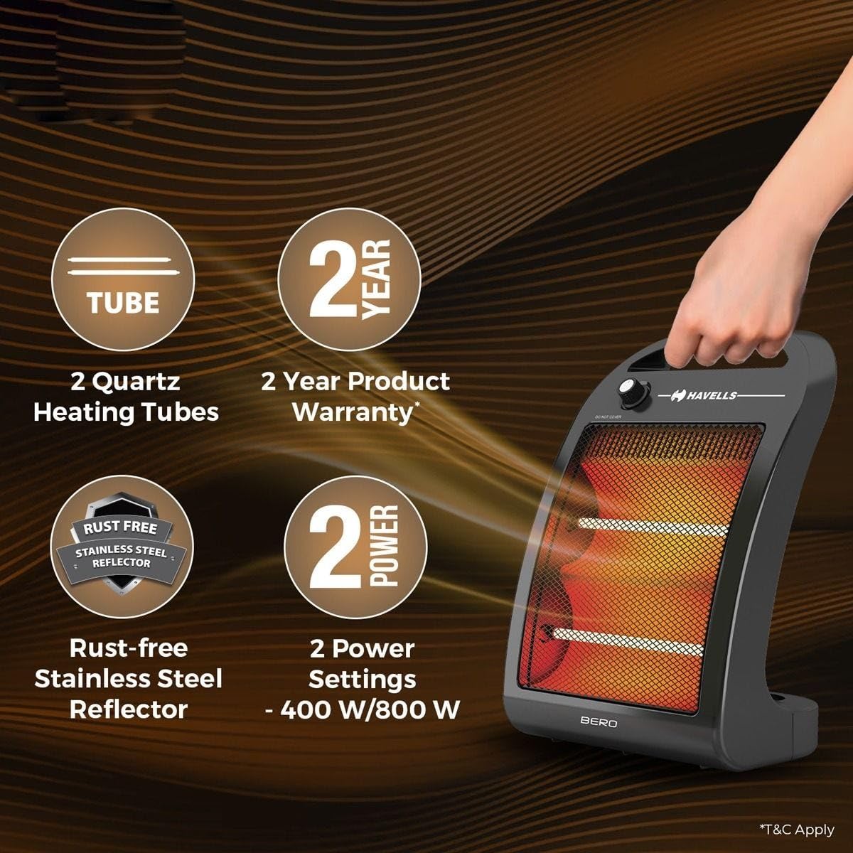 Havells Bero Quartz Heater Black 800 watt 2 Heat Settings 2 Year Product Warranty