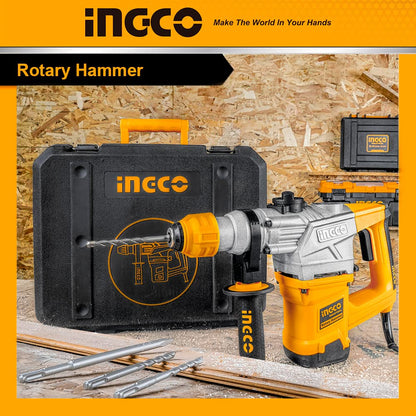 Ingco Rotary Hammer SDS-Plus Chuck Heavy Duty Rotary 5J with Vibration Control Hammer Drill, 1250W | 3800bpm, 3 drills and 2 chisels with Case, Yellow, Black
