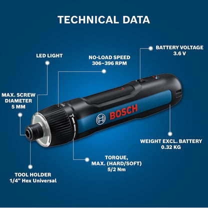 BOSCH GO 3.0 Professional Screwdriver Kit | 9-Piece Screwdriver Bit Set| 2.0Ah Battery | Speed 360 RPM | Torque 5/2 Nm | Push Start and Smart Stop | ¼" HEX Universal Bit Holder| 1 Yr Warranty