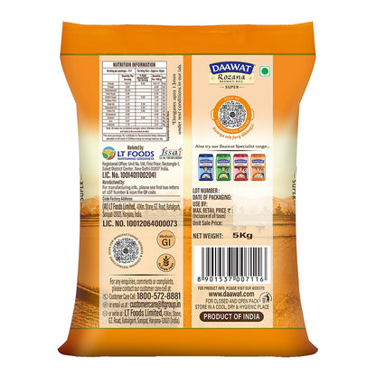 Daawat Rozana Super Basmati Rice 5Kg| For Everyday Consumption| Cooked Grain Upto 13mm*| Naturally Aged