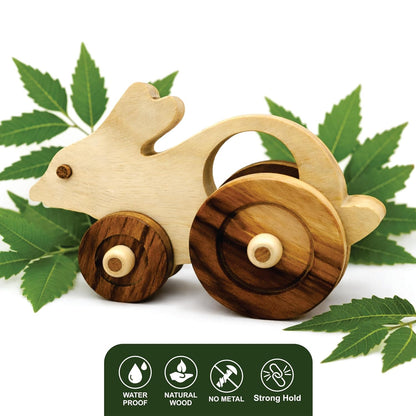 UdrCrafts® Wooden Rabbit Pull-Along Toy for Toddlers | Natural Solid Wood | No Metal | Eco-Friendly & Plastic-Free | Smooth Rolling Wheels | Nursery Decor Toy (2–5 Years) (Rabbit)