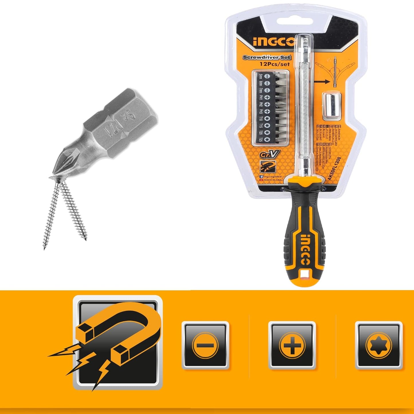 INGCO 12 Pcs Flexible shaft screwdriver set, screwdriver set