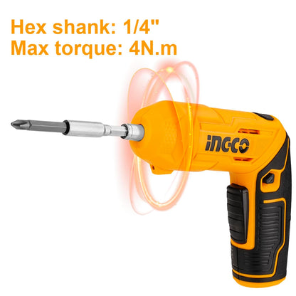 INGCO 4V Electric Cordless Screwdriver, Rechargeable Power Drill Driver Set, 4 N.m Max Torque, 240RPM, With Tool Box