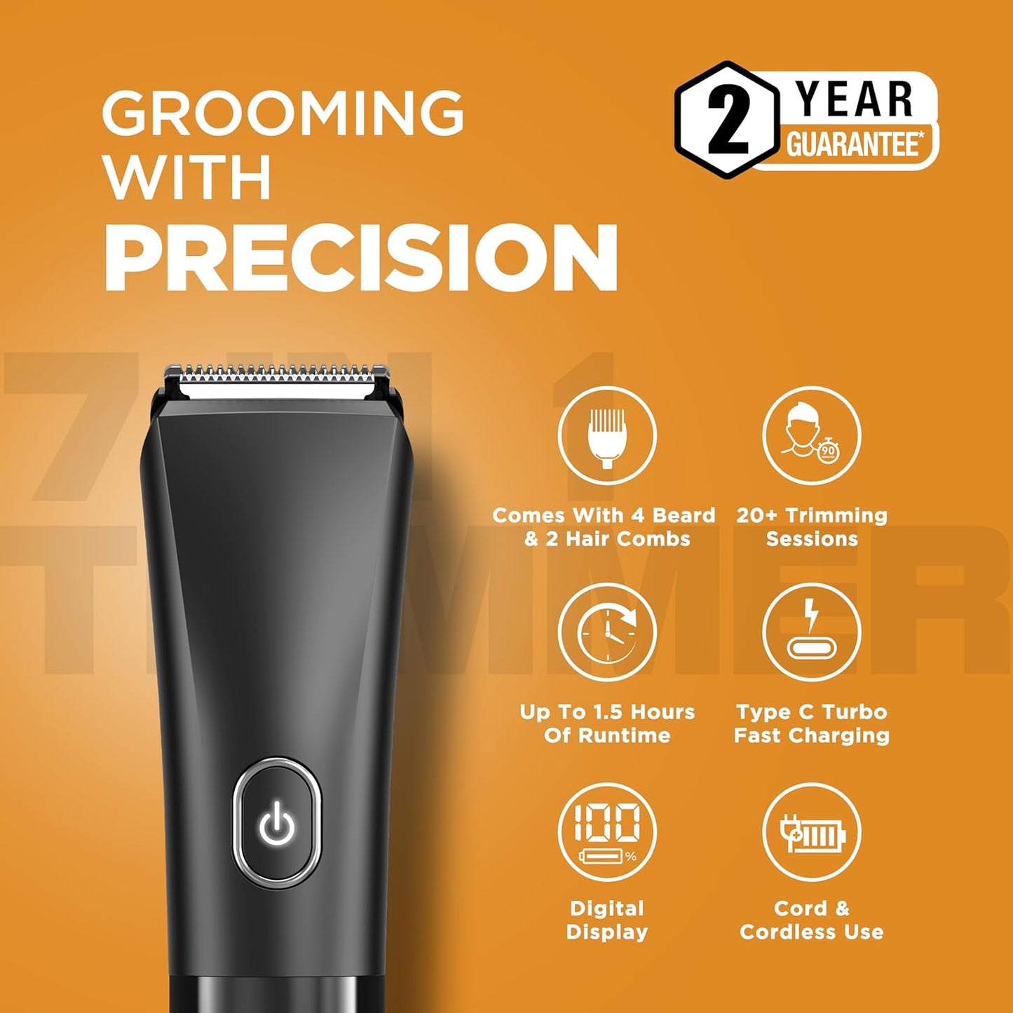Havells Beard & Hair 7 in 1 Trimmer |2-in-1 Special Blade| Comes with 4 Beard & 2 Hair Combs| Real Time Digital Display| Type C Turbo Charge| No Nicks & Cuts|2 Year Guarantee|BT6661