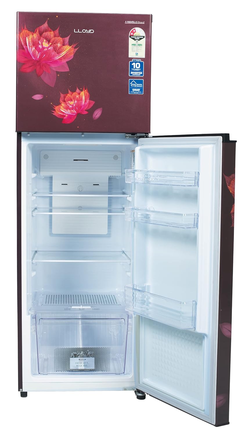 Havells-Lloyd Refrigerator Double Door 283L 2Star Inverter Sakura Red Toughened Glass/3N GLFF292ASRT1PB, Free 1 Year Extended warranty