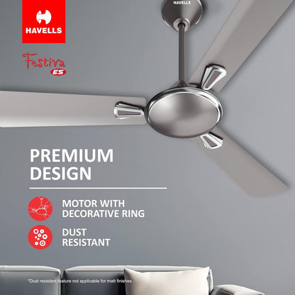 Havells 1200mm Festiva ES Ceiling Fan| Premium Finish| Energy Saving| Designer Fan for Home Decor| Elegant Looks| 230 m³/min Air Delivery| Hi-Speed Low Noise| 100% Copper Motor (Pack of 1, Mist Grey)