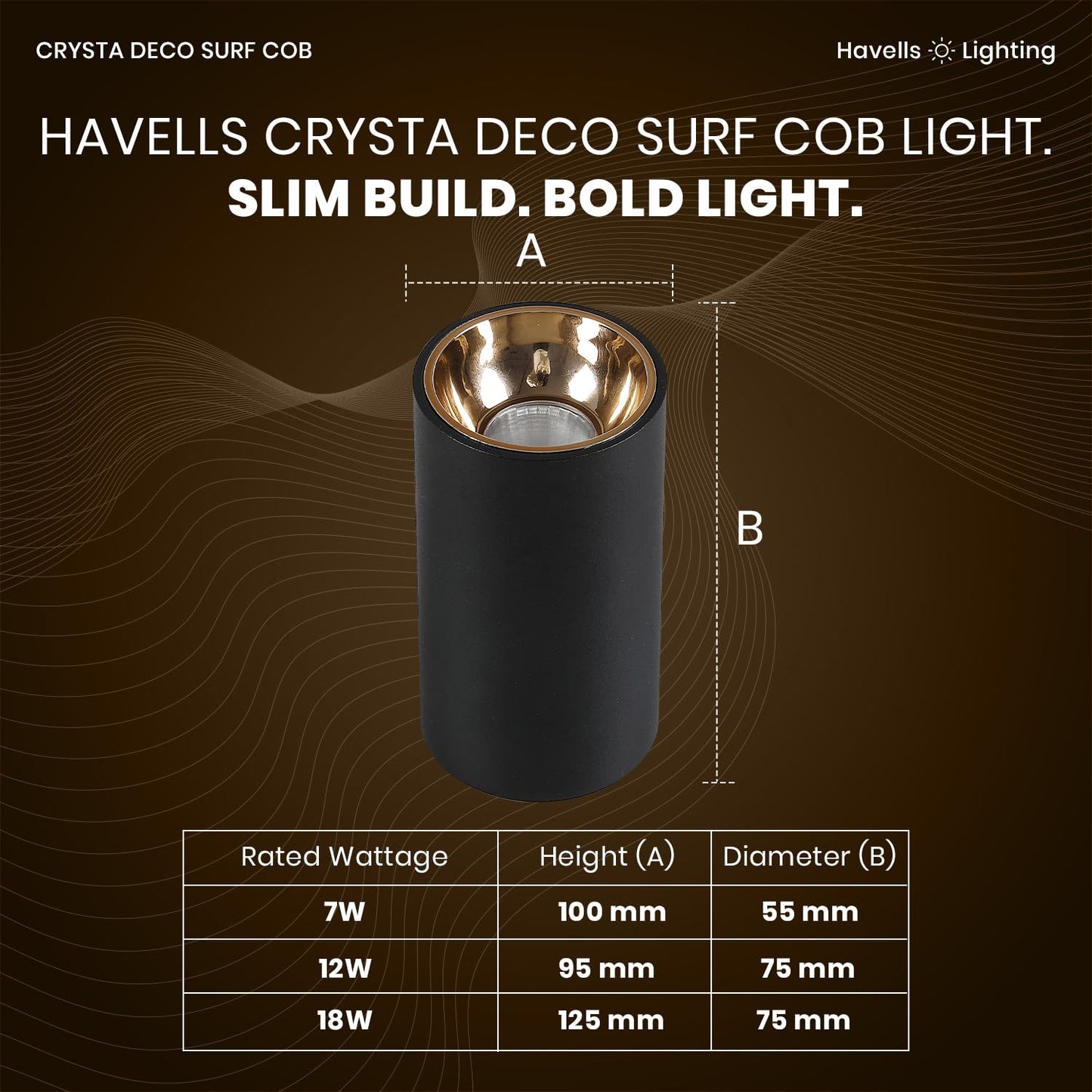 Havells Crysta Deco Surf Cob 18W 6K Gold B,Led-Spotlights,Energy Efficient,Long Life of 25000 Burning Hours,Beam Angle of 36°,Metal Body Cob with Integrated Driver,Cool Daylight (6500K)