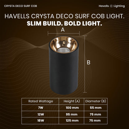 Havells Crysta Deco Surf Cob 18W 6K Gold B,Led-Spotlights,Energy Efficient,Long Life of 25000 Burning Hours,Beam Angle of 36°,Metal Body Cob with Integrated Driver,Cool Daylight (6500K)