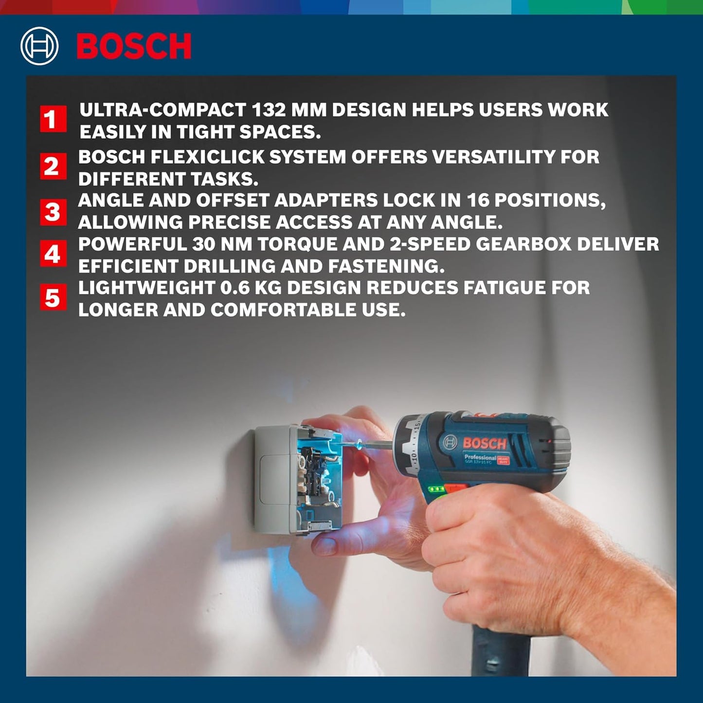 Bosch GSR 12V-15 FC Heavy Duty Cordless Drill, 19 mm, 1/4" Tool Holder, FlexiCLick System, 0.6 kg, + 2 x battery GBA 12V 2.0Ah, Quick charger GAL 12V-40 Professional & Accessories, 1 Year Warranty