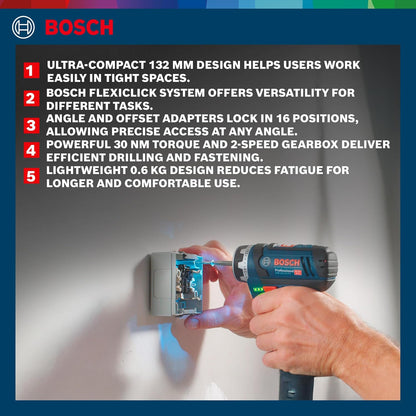 Bosch GSR 12V-15 FC Heavy Duty Cordless Drill, 19 mm, 1/4" Tool Holder, FlexiCLick System, 0.6 kg, + 2 x battery GBA 12V 2.0Ah, Quick charger GAL 12V-40 Professional & Accessories, 1 Year Warranty