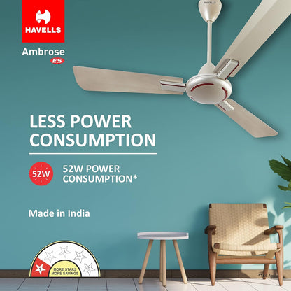 Havells 1200mm Ambrose Energy Saving High Speed Ceiling Fan|Premium Finish, Deco.Fan, Elegant Looks, High Air Delivery, 100% Pure Copper Motor|2 Yr Warranty by Brand | (Pack of 1, Gold Mist Wood)
