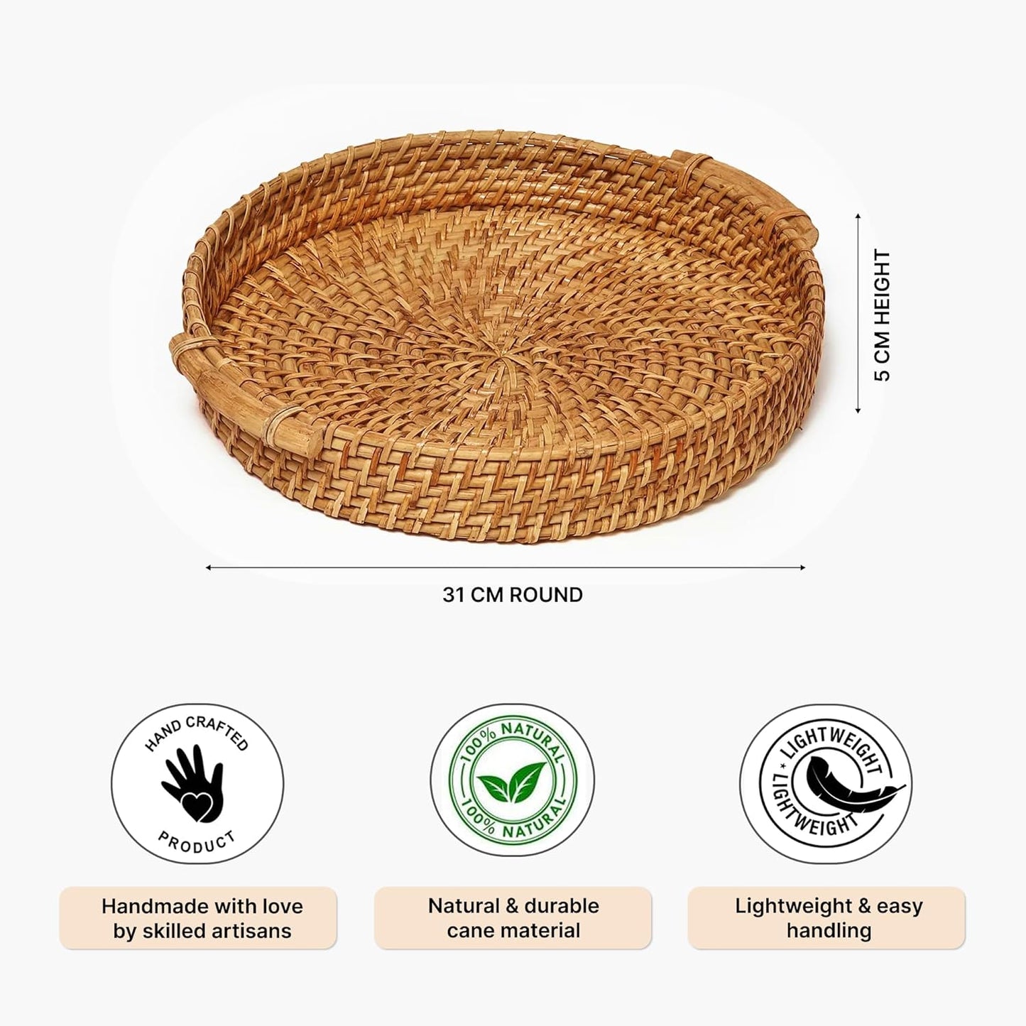 UdrCrafts®  All the Cultures Fabricating India Bamboo Cane Serving Tray | Serveware for Dining Table | Rattan Tea Tray | Wooden Trays for Decoration - Round, Brown (Dia-31 x H8 cm)