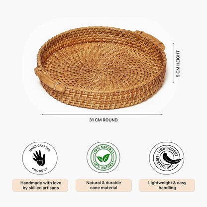 UdrCrafts®  All the Cultures Fabricating India Bamboo Cane Serving Tray | Serveware for Dining Table | Rattan Tea Tray | Wooden Trays for Decoration - Round, Brown (Dia-31 x H8 cm)
