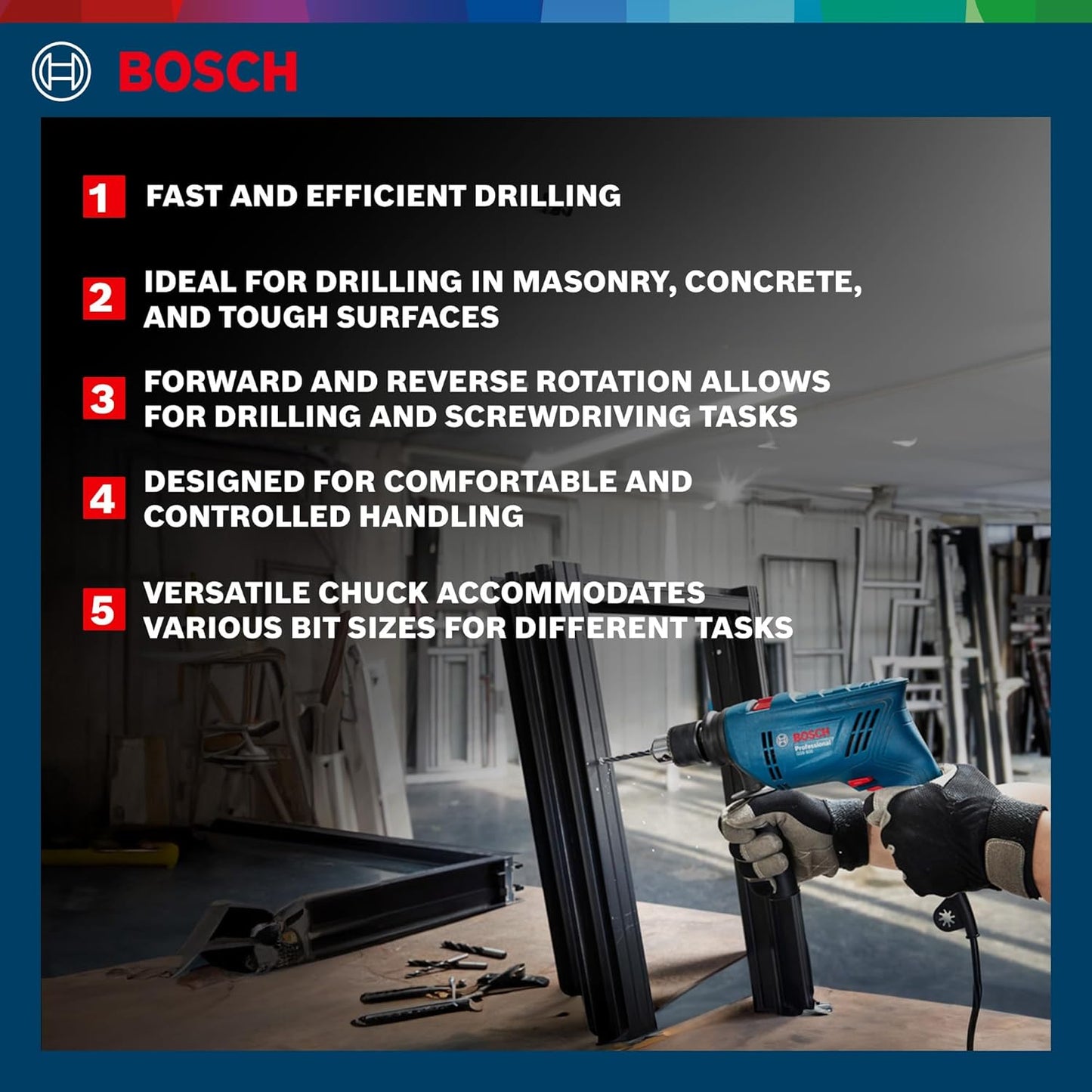 BOSCH GSB 600 Corded Electric Impact Drill Wrap Set| 600W Motor | Speed upto 3000 RPM | Rated Torque of 1.4 Nm | Impact rate of 48000 BPM | Forward/Reverse Rotation, Double Insulation | 1 Yr Warranty
