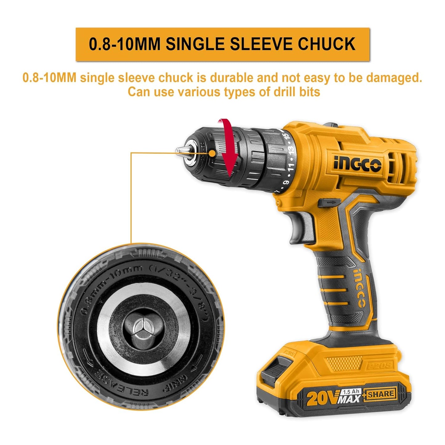 INGCO 20V Cordless Drill, 15+1 0.8-10mm 45NM 2-speed Gear, 0-400/0-1500/rpm Electric Drill Machine, Drill Machine Kit 2pcs Lithium-ion 1.5Ah Battery,1 Fast Charger, 1pcs Screwdriver (1 Set)