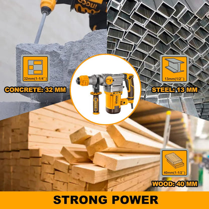 Ingco Hammer Drill Machine, 1500W Rotary Hammer Drill Machine Heavy Duty For Concrete Metal And Woodworking For Home & Industrial Use, Multicolor