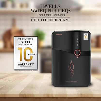 Havells Delite Kop'ere Water Purifier (Black), RO+UV+pH Balance, 7 Stages, 6.5L Stainless Steel Tank,Copper+Zinc+Minerals, Suitable for Borewell, Tanker & Municipal Water