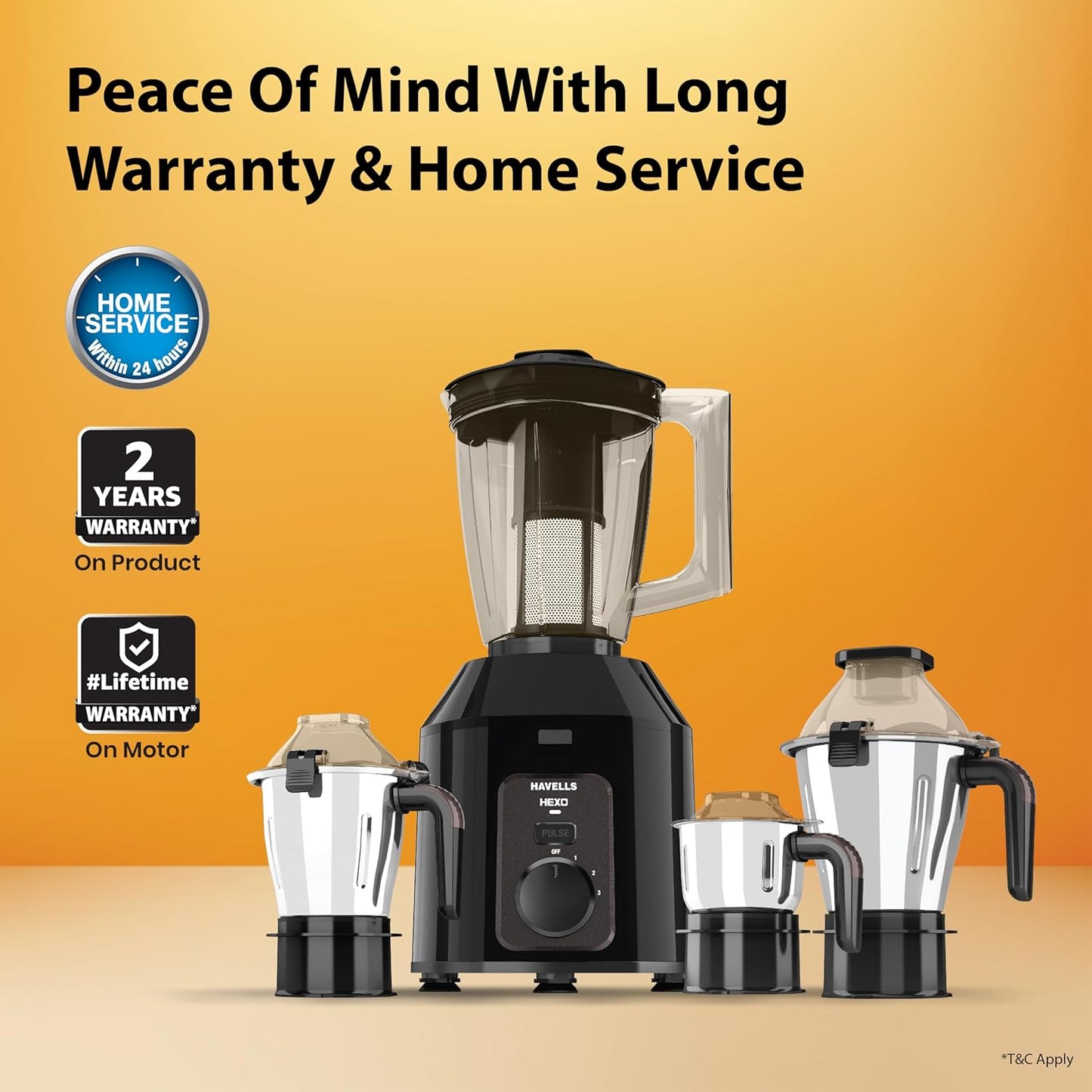 Havells Hexo Plus 1100 Watts 4 Jar Mixer Grinder| High Speed Mixie 22000 RPM motor| 100 Minutes Continuous Run Time| 2 Ltr Break Resistant Blending Jar| 5 Year Motor Manufacturer Warranty (Black)