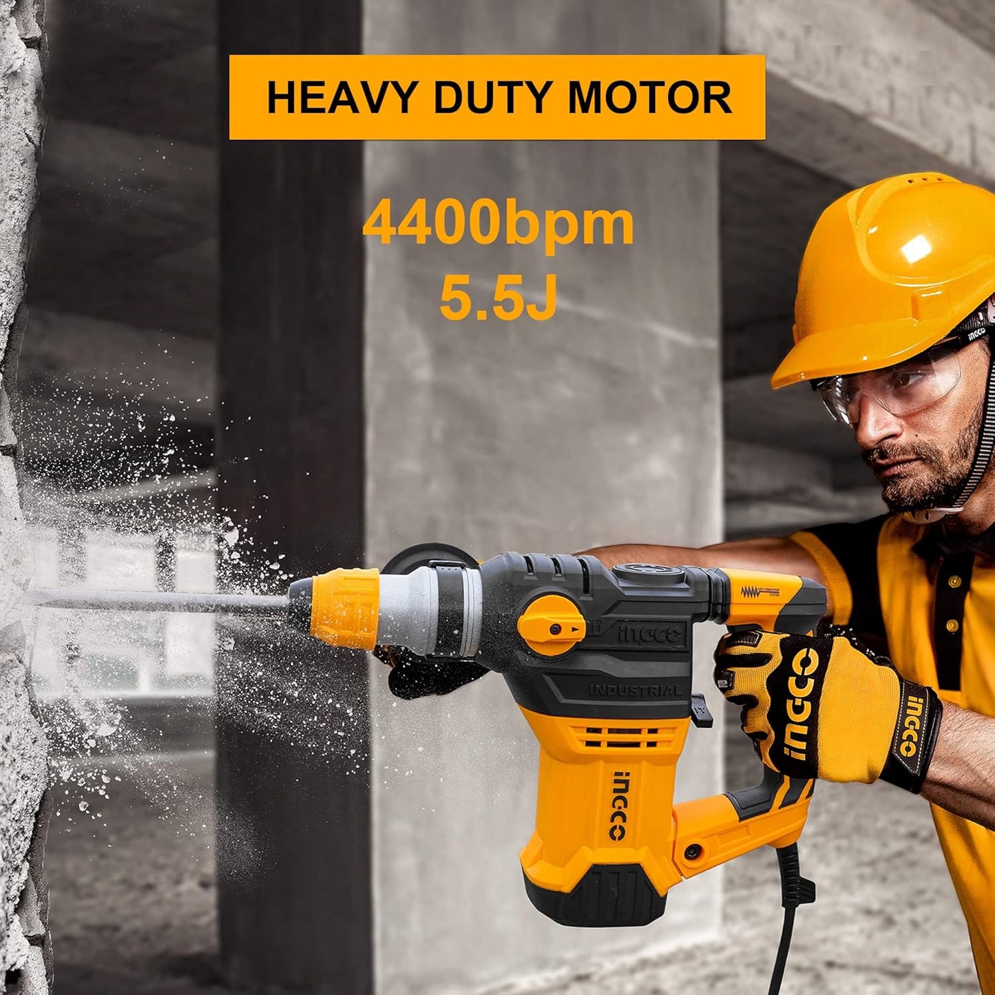 INGCO Rotary Hammer, SDS-Plus Heavy Duty Rotary Hammer Drill | 220 Volts | 1500W | 4400bpm | 5.5J with Vibration Control and Safety Clutch Including 3 drills and 2 chisels with Case, Yellow